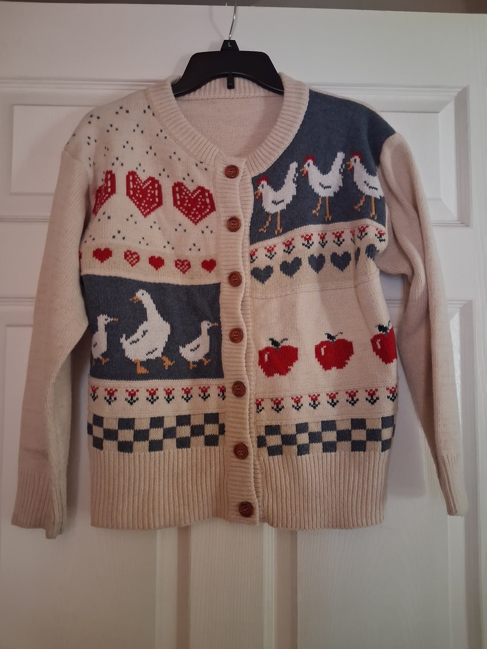 Cozy Cream & Blue Novelty Cardigan Sweater with Apples, Ducks, Chickens - Picture 2 of 4